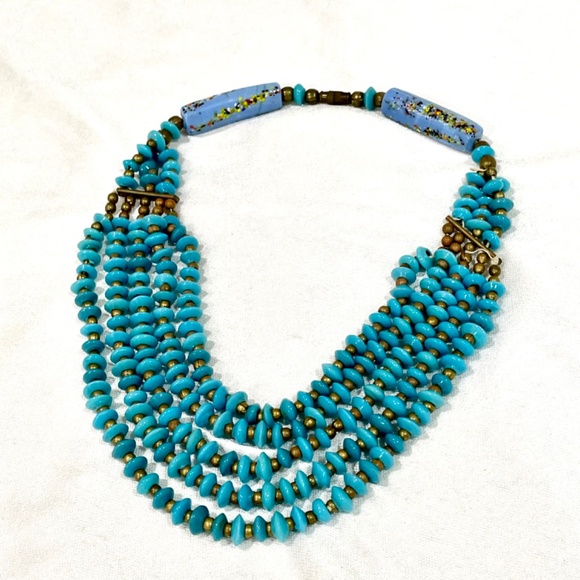Vintage Turquoise Art Glass Bead Bohemian Necklace Multi Strand Retro Chic - Picture 5 of 7